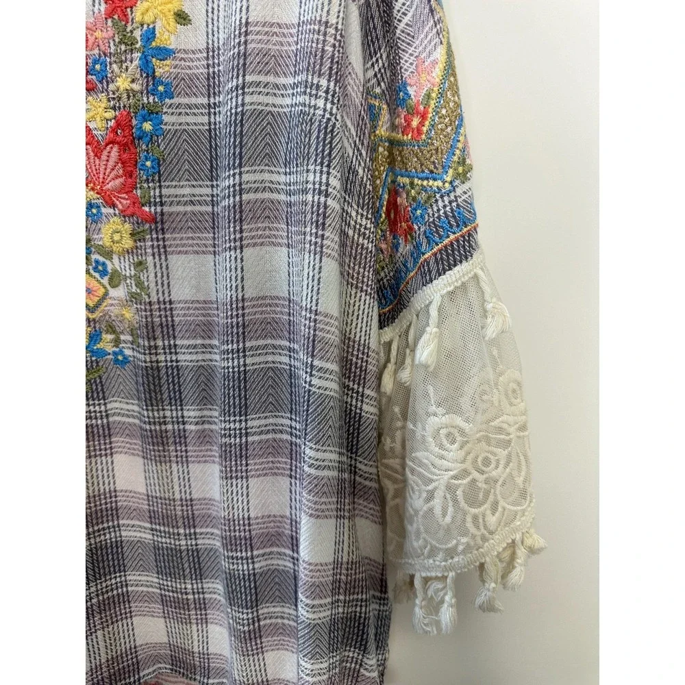 John Mark Boho Embroidered Plaid Tunic Top Lace Tassel Sleeve Blouse Womens XL - Picture 4 of 14